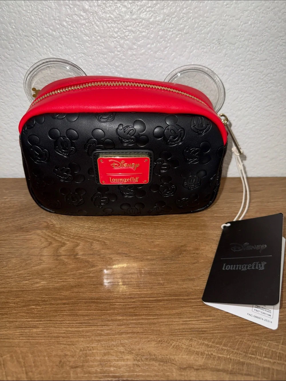 Loungefly Black and Red Disney Mickey Cosmetic Bag with Clear Ears